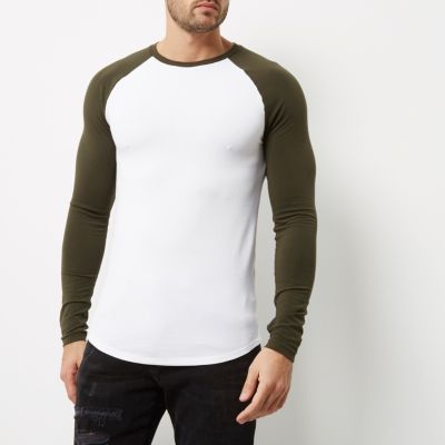 White raglan muscle fit long sleeve T-shirt